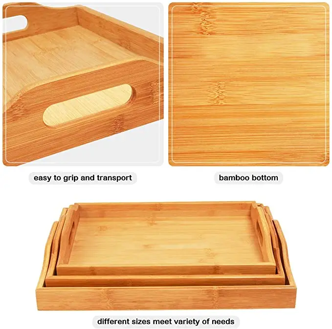 
Serving Tray with Handles - Wood Bamboo Trays for Food Breakfast Dinner Party,Tea Coffee Table Tray Set of 3 