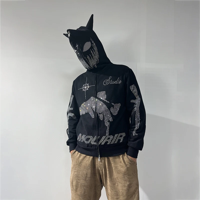 Custom Zip up Rhinestone Men Hoodie Oversized French Terry Zipper Streetwear Vintage Black Full