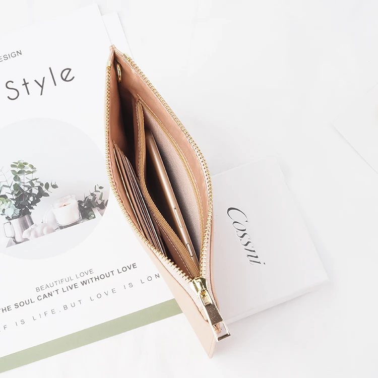 100% genuine saffiano leather custom woman zipper clutch bag