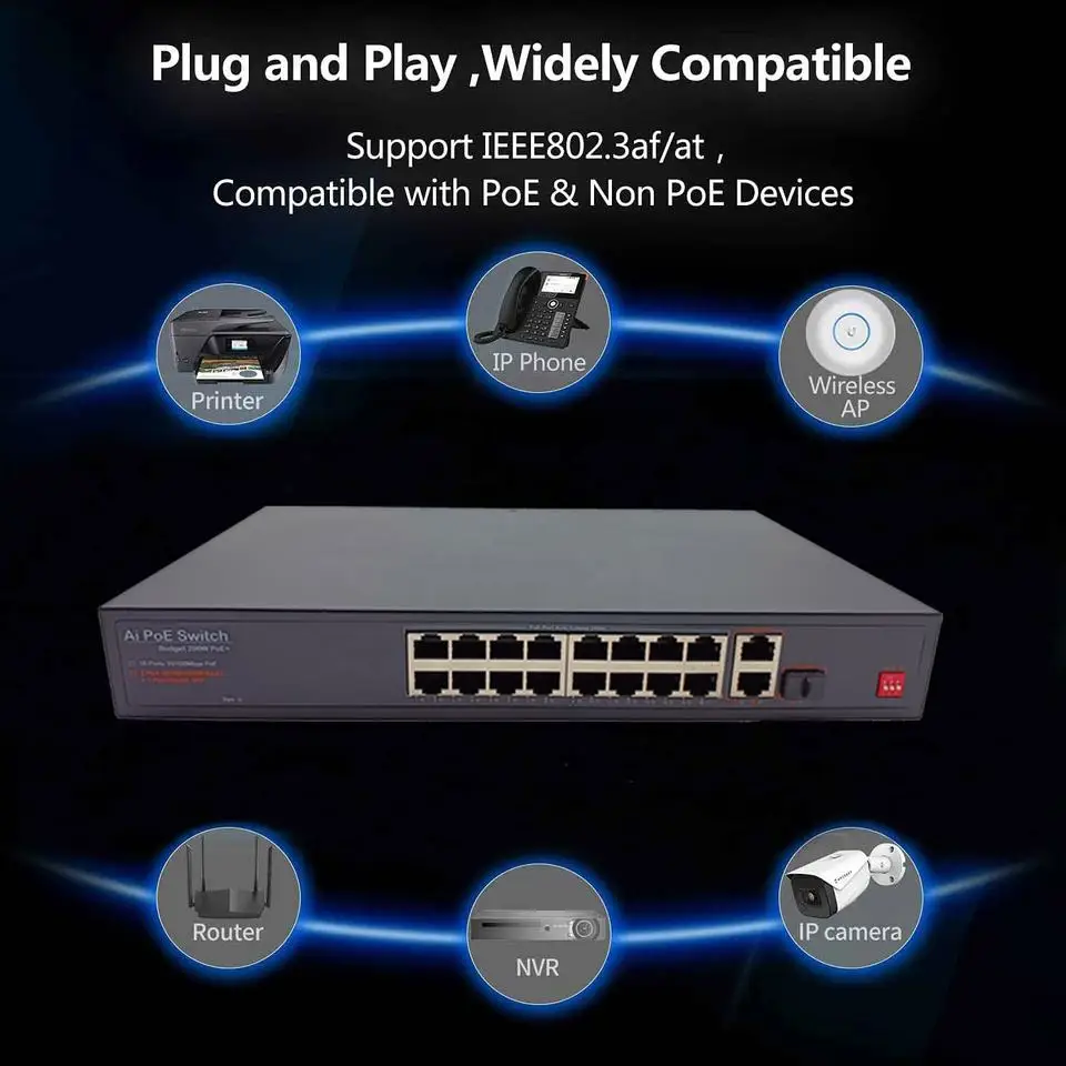 Factory Ai 16 Port Poe Network Switch For Nvr Ip Camera 16*10/100mbps Poe Port+2*10/100/1000mbps Up-link Port+1*Sfp