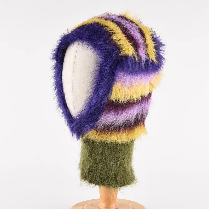 New 2024 Fashion Winter Hat For Women Rainbow Color Striped Mohair Balaclava Personality Knit Baraclava Hood