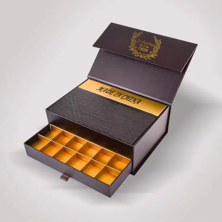 Luxury Two Layer Magnetic Black Chocolate Cardboard Custom Gift Box Wedding Favors Chocolate Box with Drawer