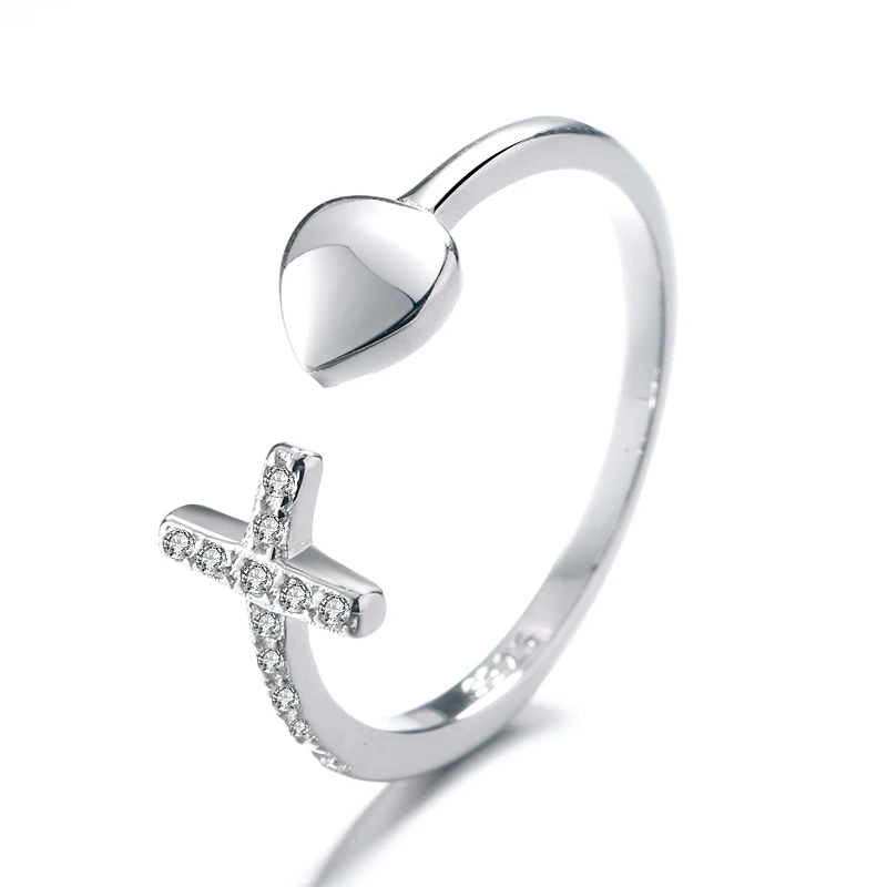 
Fashionable Simple Jewelry 925 Sterling Silver Glossy Heart Ring Cross Diamond Female Tail Ring 