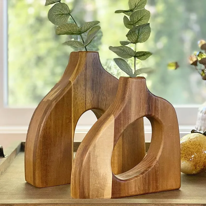 Modern Design Cute Faux Flowers & Plants Wooden Vase for Tabletop Short Decorative Wood Vase for Home Decor and Gift