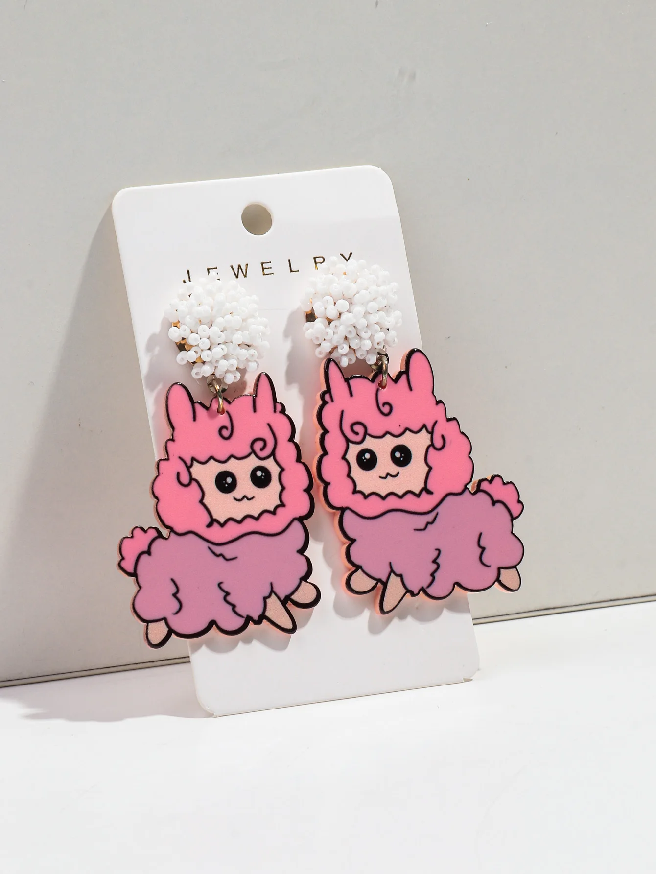 New Boho White Rice Beads Handmade Jewelry Anime Cartoon Sheep Party Gift Cute Pink Lamb Acrylic Drop Earrings for Women Girls