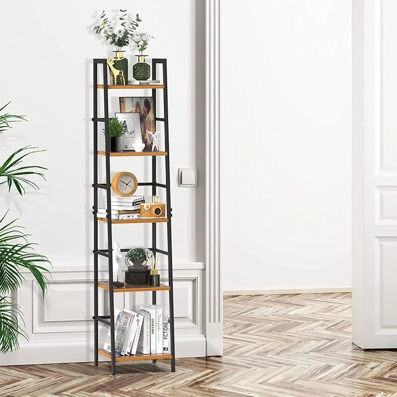 5 Tier Industrial Bookshelf Rustic Wood Bookcase Metal Tall Bookshelf Living Room Storage Rack