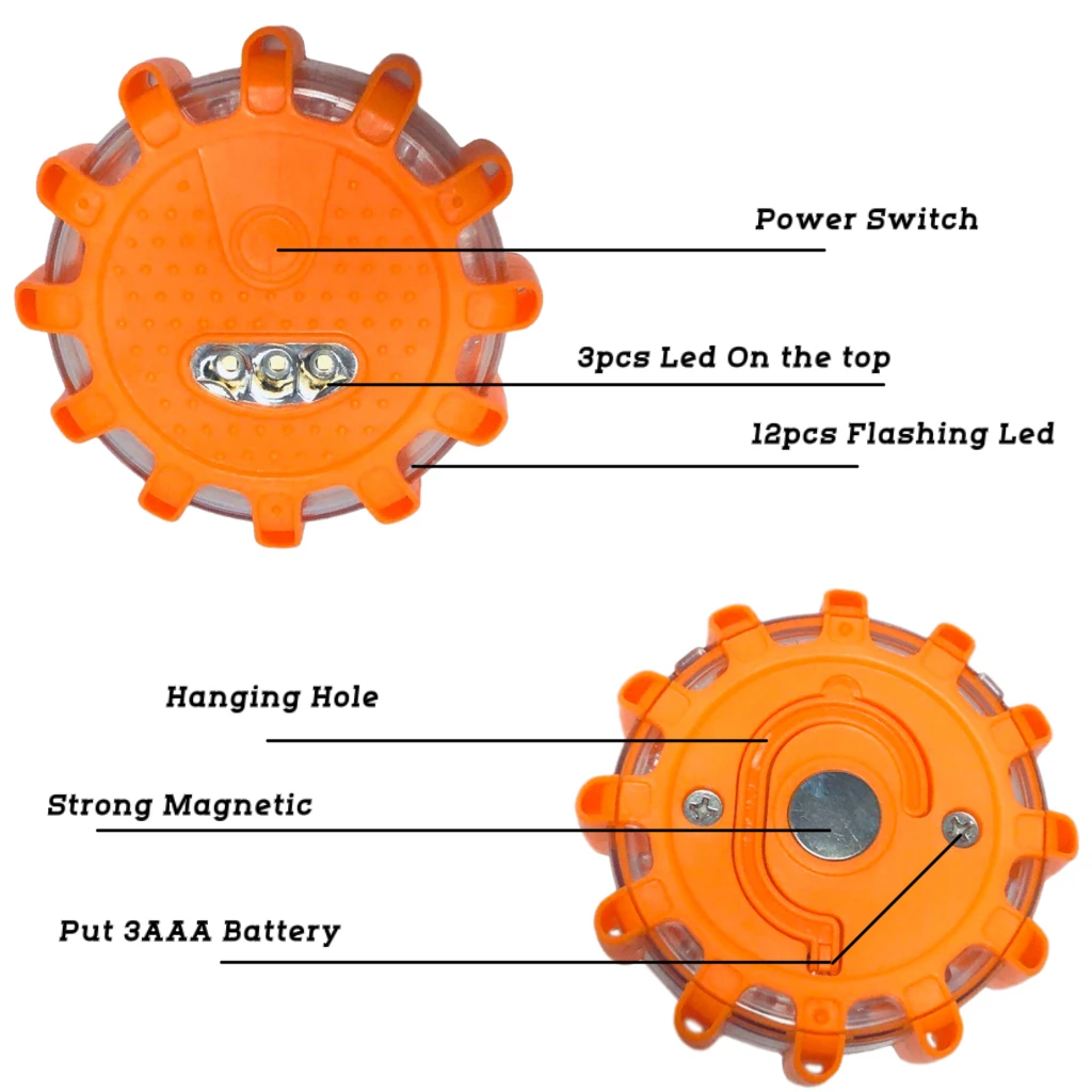 3AAA Battery Power Roadside Emergency Flashing Flares 3Pack Led Warning Traffic Strobe Light 12+3 Led Road Safety Beacon Flares