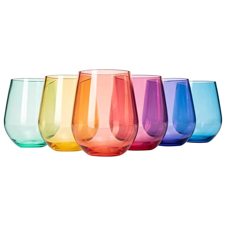 16 OZ Unbreakable Colored Stemless Wine Glasses Shatterproof Tritan BPA-free Plastic Reusable Color Glass Set