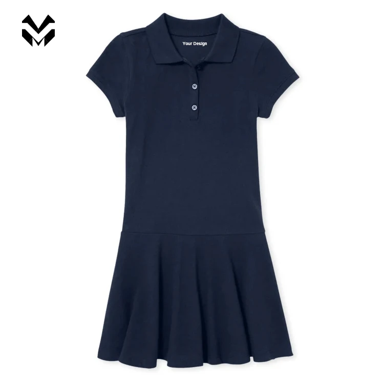 2021 Children Girls Uniform Pique Polo Dress Plain Dress Custom Logo Fashion Kids Stretch Short Dress