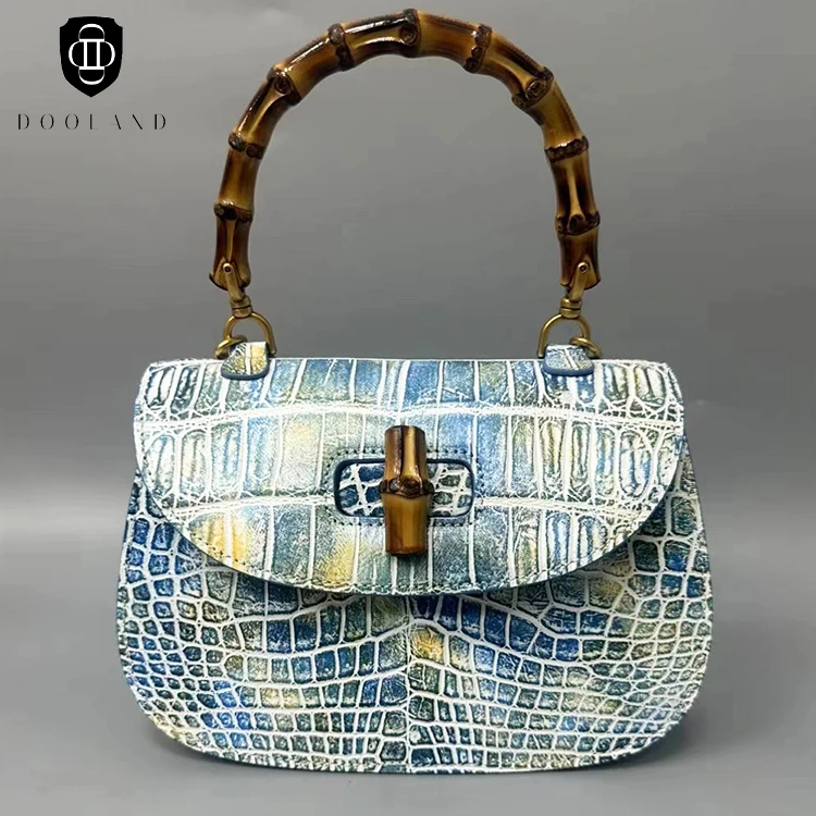 Elegant design ladies genuine crocodile leather handbag bamboo handle women luxury bag