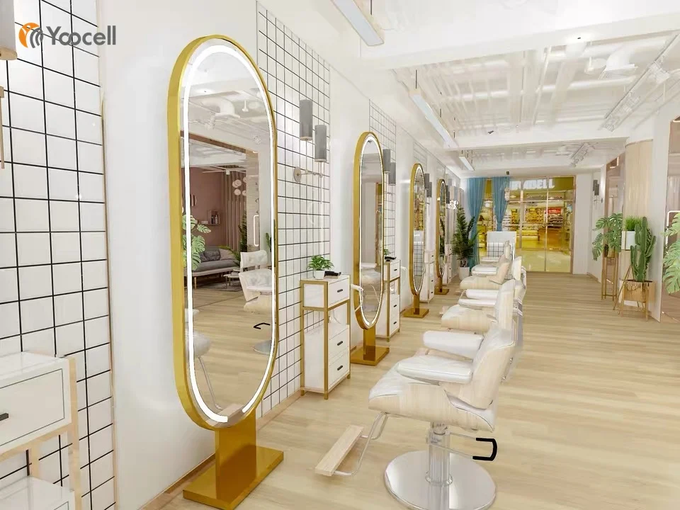 Yoocell modern salon styling mirror led light gold frame oval luxury styling station for beauty shop