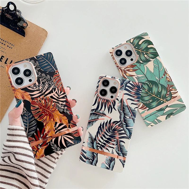 Plating Vintage Banana Leaf Square Phone Case For iPhone 13 Pro Max 11 12 Pro Max INS Style Shockproof Soft Cases Coque Bumper