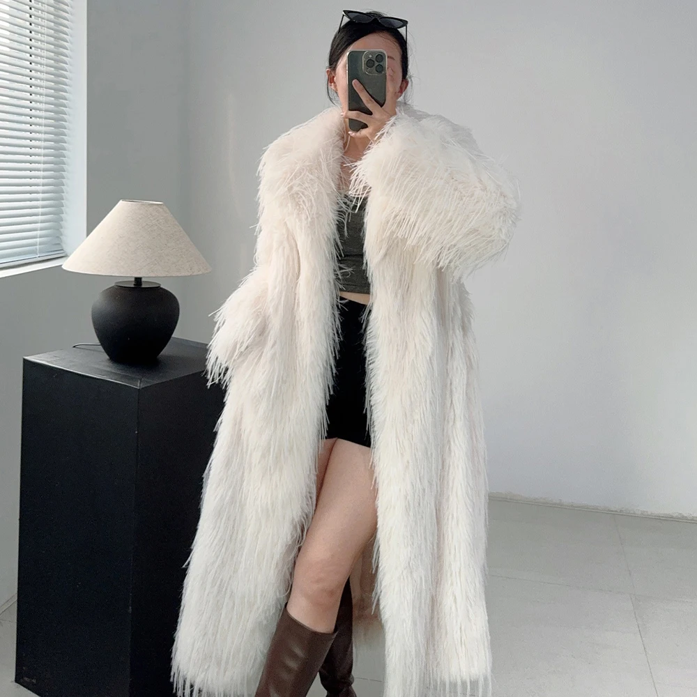 Factory Loose Faux Long Pile Ostrich Fur Coat Full Sleeves Long Style Luxury Thick Warm Fluffy Winter Fur Coats For Ladies Women