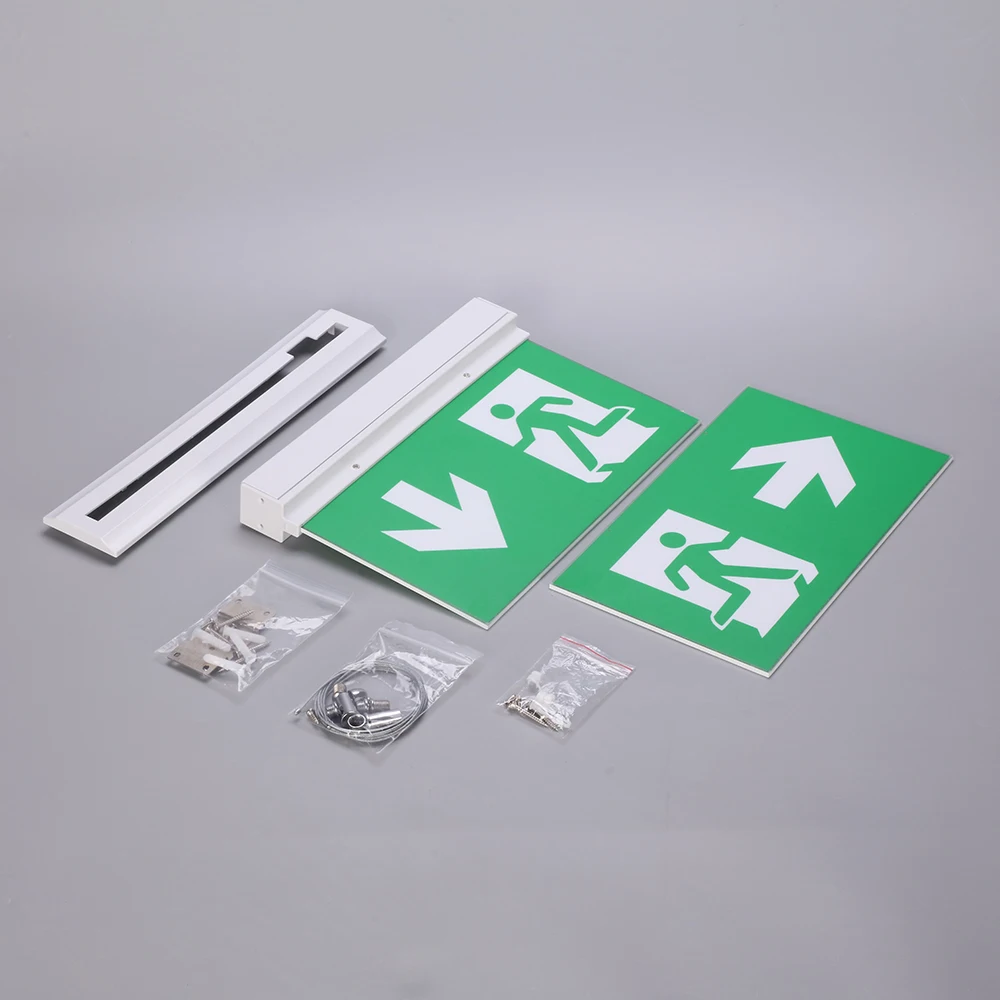 Double-Sided LED Emergency Fire Exit Sign with Wire Suspension Kit for ceiling mounting.
