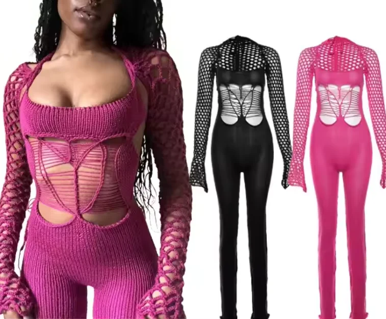 2024 Knitted Hollow Jumpsuits Women Sexy Halter Bandage Separately Sleeve Slim Fit  Overalls One Piece jumpsuit