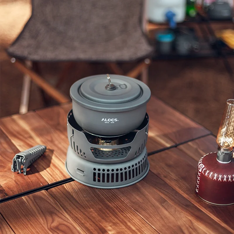 Kingpool 9 Pcs Aluminum Camping Equipment Cooking Pots Pans and Stove Mess Kit Portable Outdoor Cookware Set with Alcohol Stove