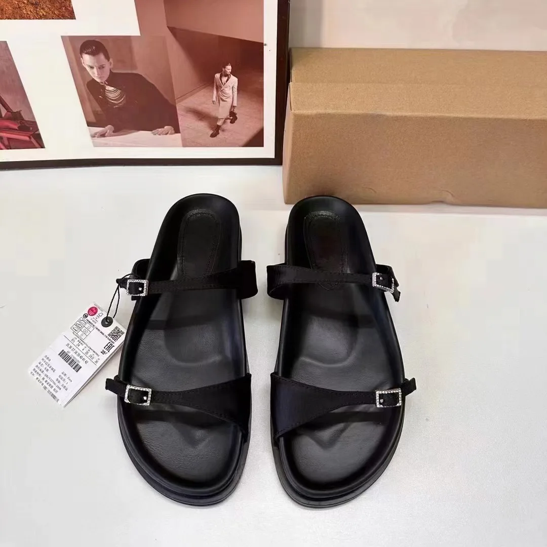 2024 New Square Head Satin Fabric Shallow Mouth Flat Casual Buckle Roman Slippers Woman Soft Sole Flats