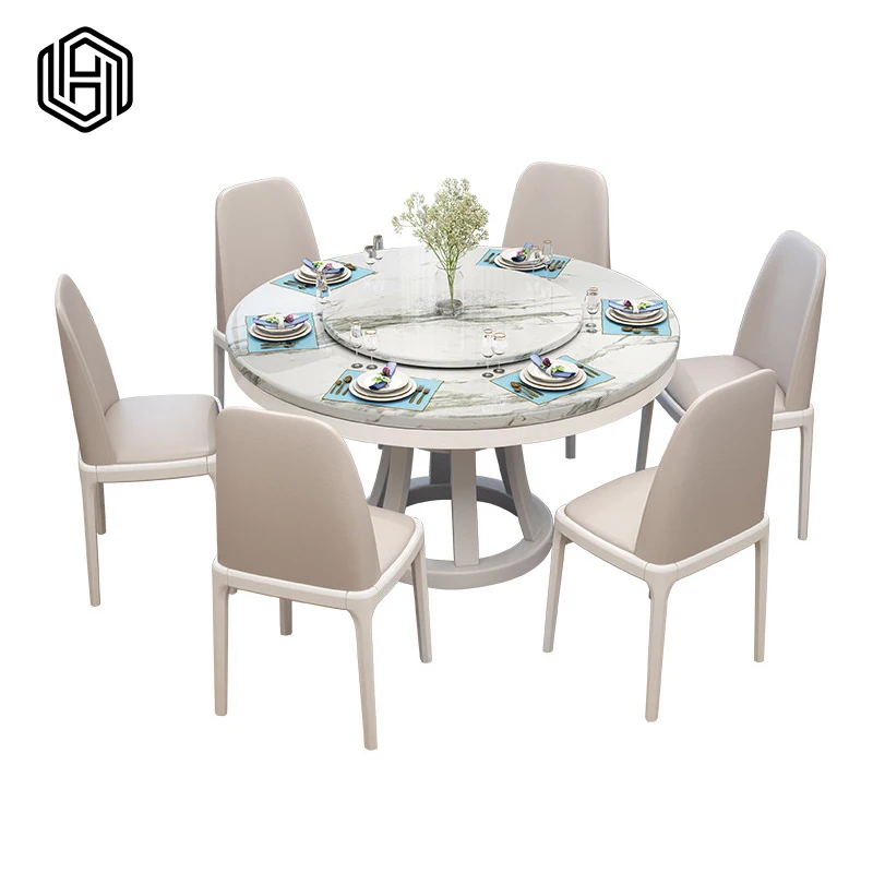 
HUI JU YOU PIN Solid wood marble dining table and chair combination Chinese round table with a revolving table 