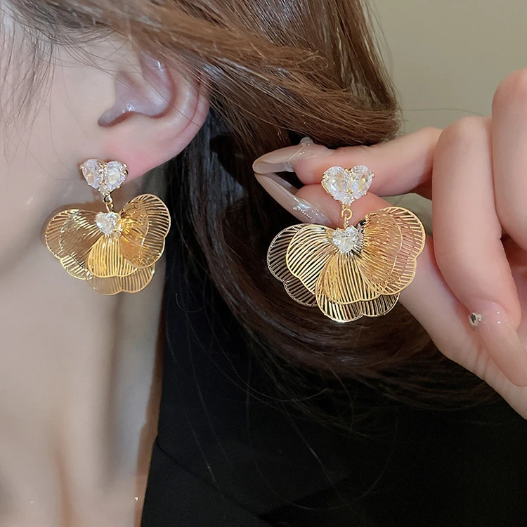 South Korea new design multi-layer hollow petal pendant earrings ladies wholesale flower heart zircon earrings women