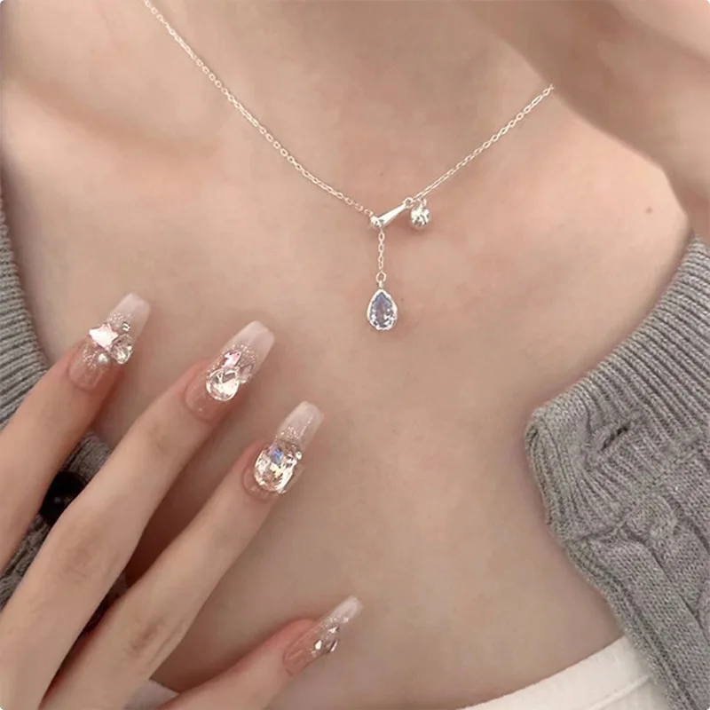 Sterling Silver 925 Premium Blue Teardrop Designs Pull Out Round Beads Niche Collarbone Necklace for Women