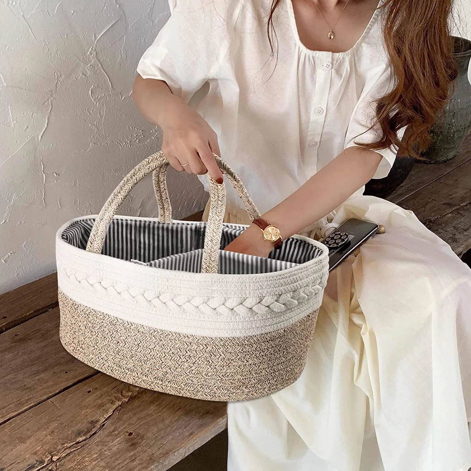 Baby Diaper Caddy Organizer Basket Cotton Rope Nursery Storage Bin for Boys and Girls Tote Bag with Removable Inserts