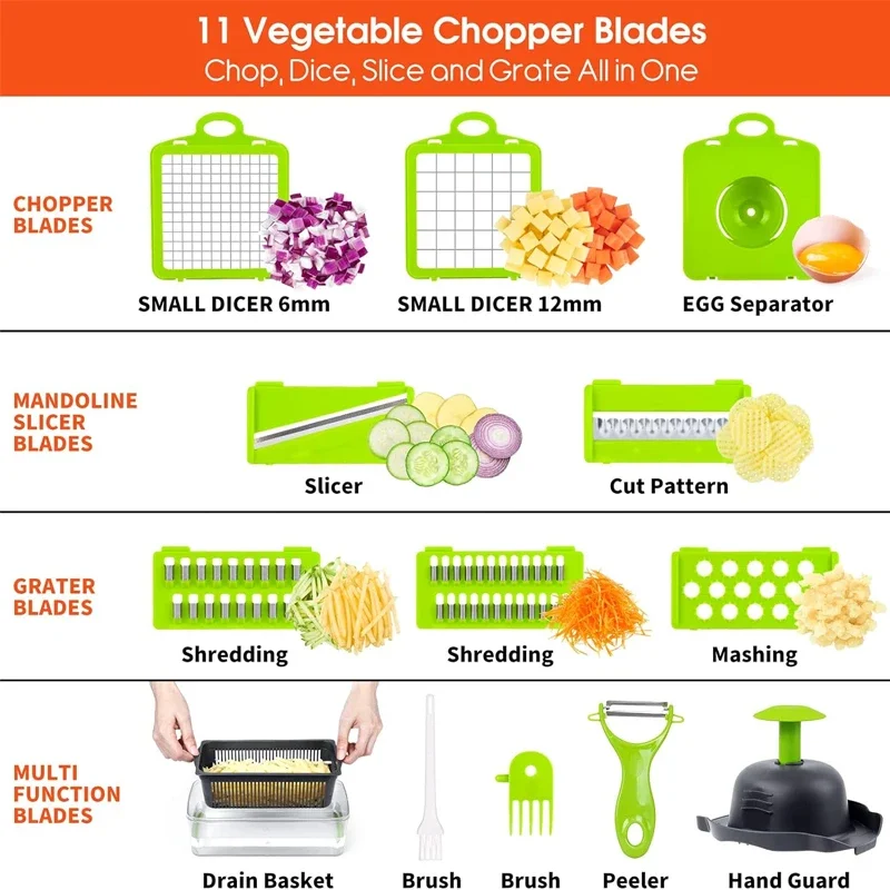 16pcs Vegetable Slicers Set Onion Carrot Garlic Chopper With Container Easy Manual Potato Fruit Cutter Chopper Kitchen Gadgets