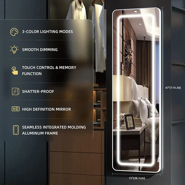 Led Lighted Aluminum Frame Smart Large Size Decorative Stand Up Body Dressing Floor Mirror Led Full Length Mirrors