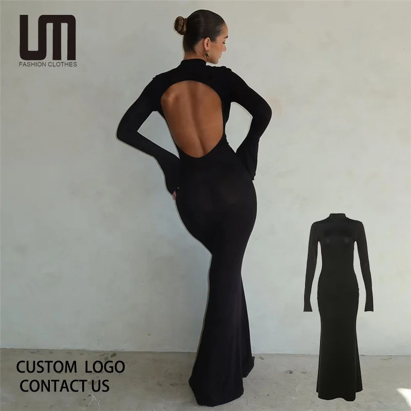 Liu Ming Autumn Winter Elegant 2024 Trending Women Sexy Backless Long Sleeve Black Party Evening Maxi Dress