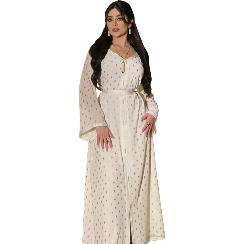 New Muslim Abaya From Dubai Women Dress Purple Polka Dot Gold Stamp Arabic Djellaba Moroccan Kaftan Turkey Islamic Clothing