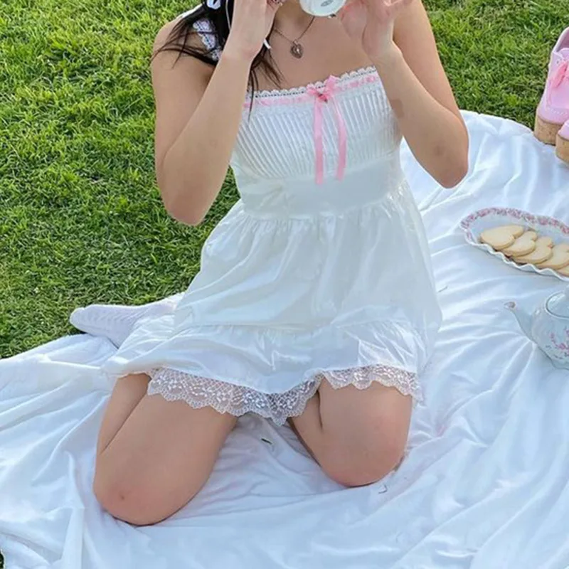 Sweet  Girl Summer White Bow Lace Dress Slim Women  Pleat Dress