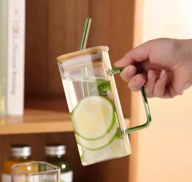 Cheapest price multicolor square shape clear heat resistant juice milk cup glass water bottle