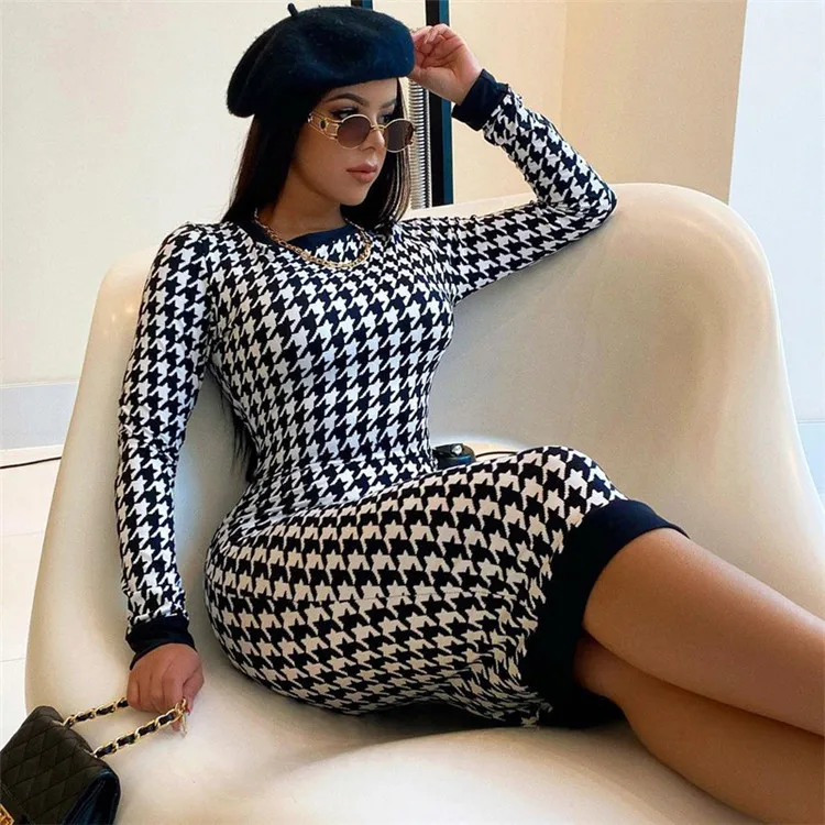 Wholesale fall winter ladies slim long sleeve round neck back hollow backless Nipped Waists print houndstooth women dress