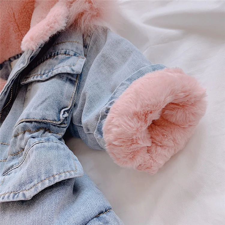 Toddler Jacket Hooded Faux Fur Fleece Thick Denim Coat Outwear Fashion Warm Costume