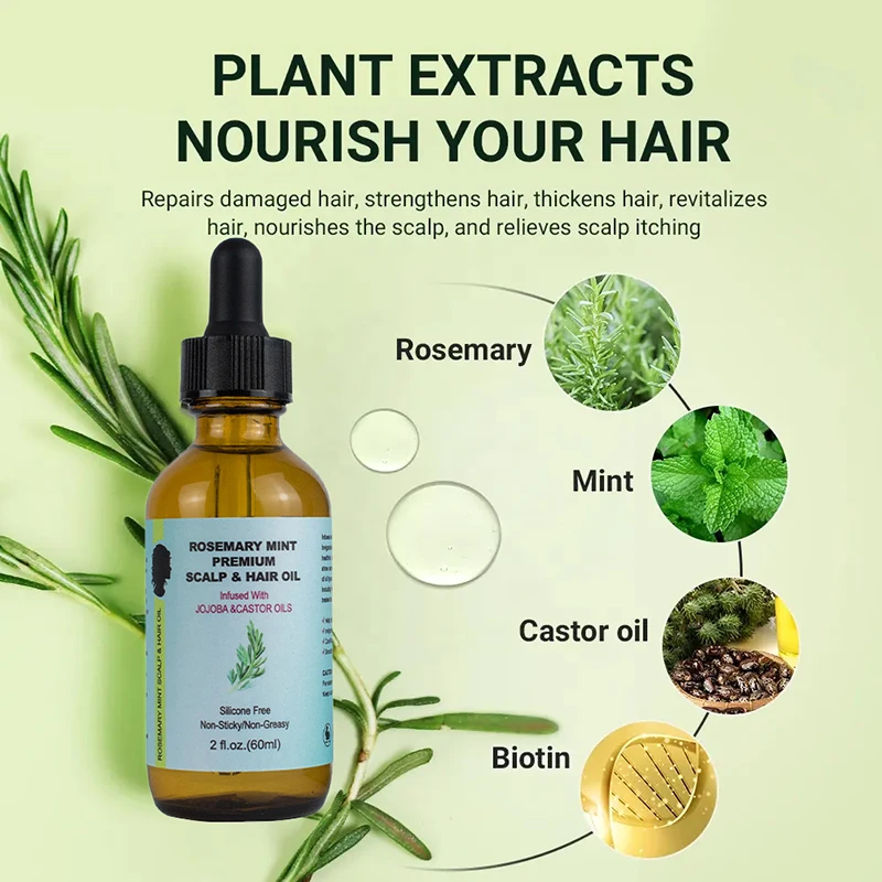 Wholesale 60ml natural hair care product nourishes split ends rosemary mint premium scalp&hair oil