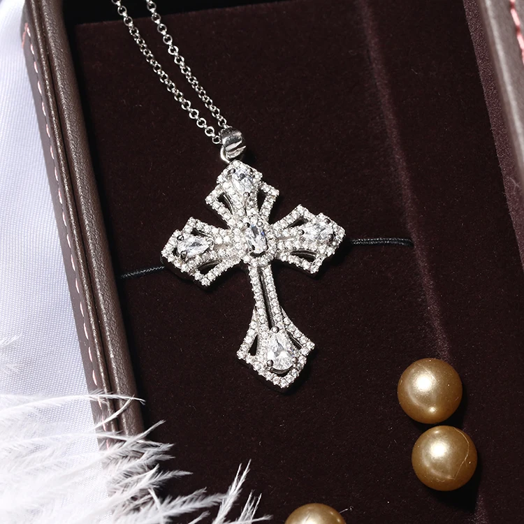 Wholesale White Gold Plated 925 Sterling Silver Cross Prong Pendant Cross CZ Pendant Prong Setting Necklace Cubic Zirconia