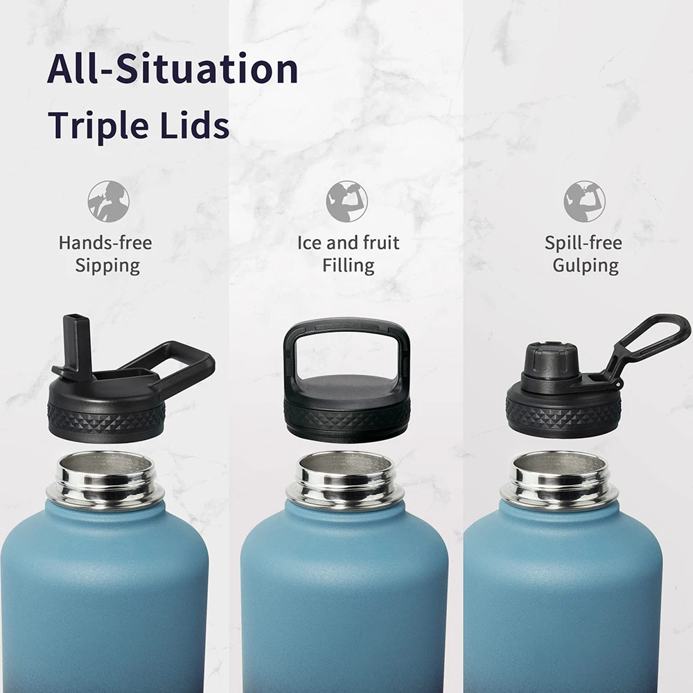 64oz Thermos Wattle Bottle Half Gallon Food-grade Double Wall Vacuum Stainless Steel Insulated Jug With Straw Spout Handle Lids