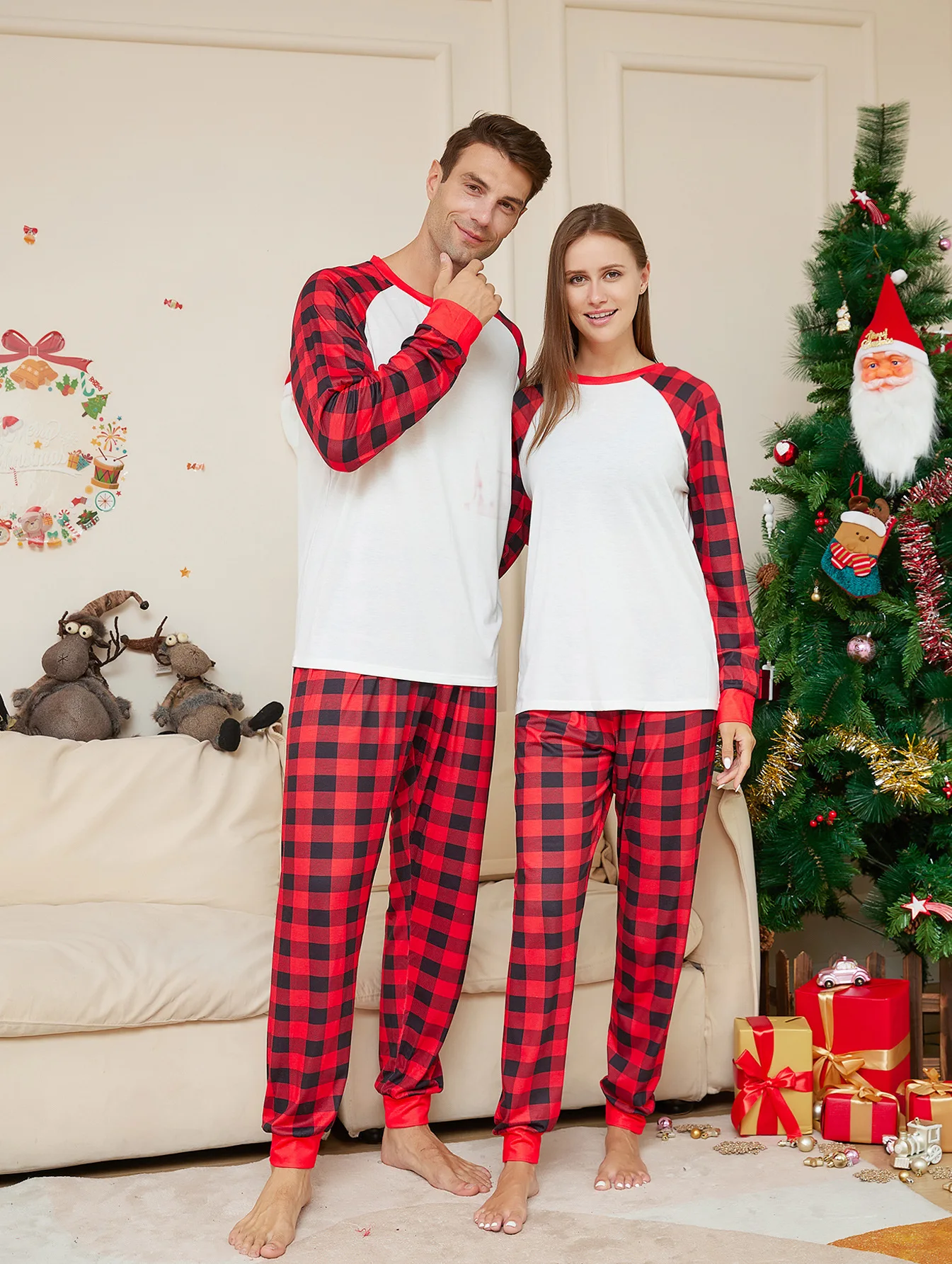 2024 XMAS pjs blank sublimation christmas pajamas 2pcs polyester long sleeve white gingham matching christmas pajamas family