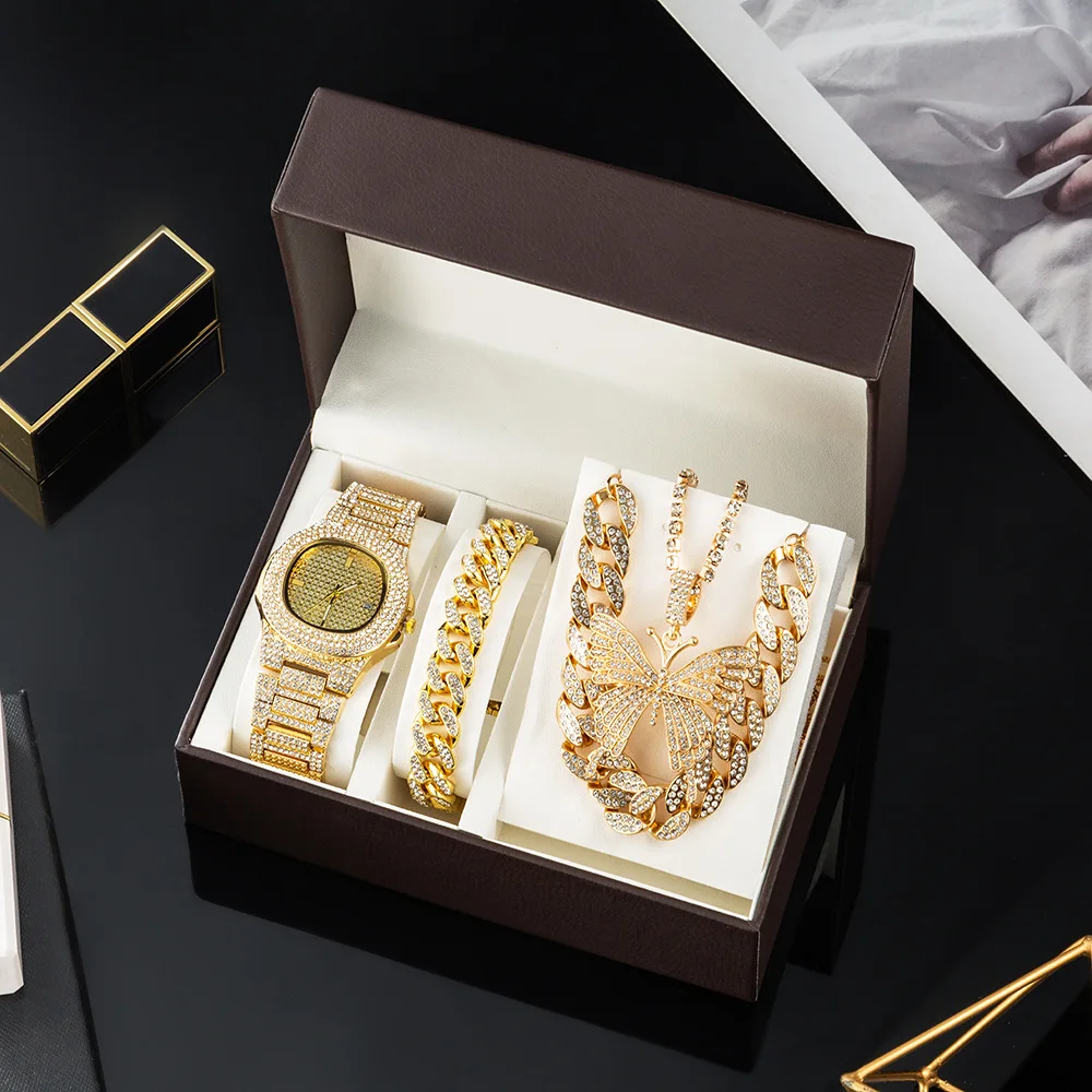 Wholesale Hiphop Miami Cuban Link Chain Necklace Rhinestone Bracelet Watch Iced Out Jewelry Sets