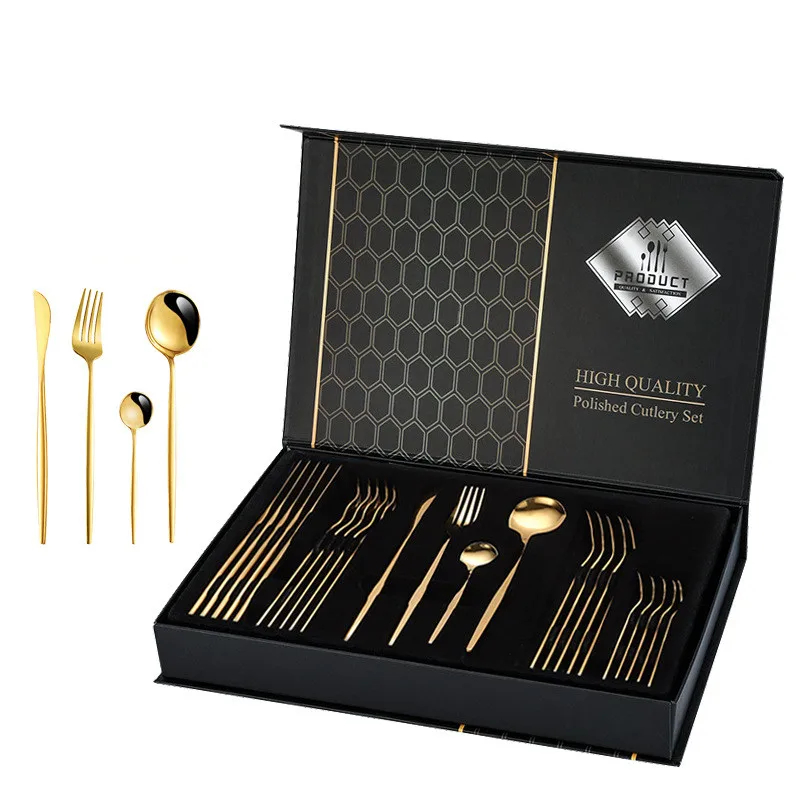 24pcs Gold Flatware 6 People Eating Utensils Forks Spoons Knives 410 Stainless Steel Cutlery Gift Box Set