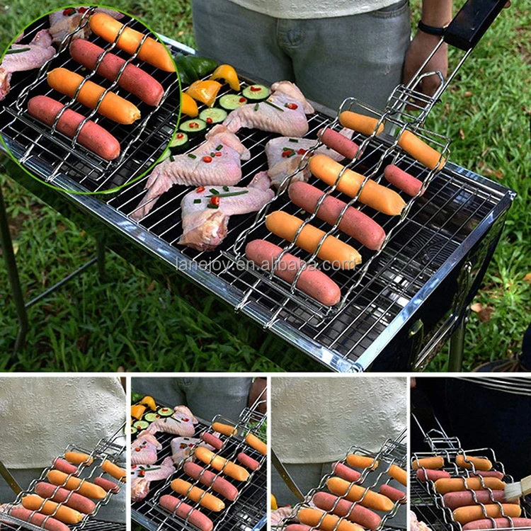 Bbq Grill Mesh Net For Sausage Barbecue Basket With Wooden Handle