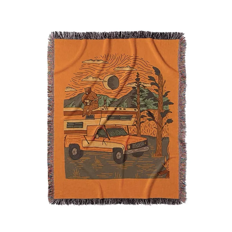 New Custom Design Personalized Woven Throw Picnic Rugs Travel Camp Jacquard Woven Blanket Camping Blanket
