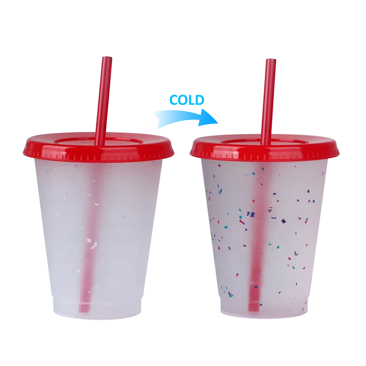 Factory Direct christmas 16oz clear confetti pink color changing plastic coffee cup