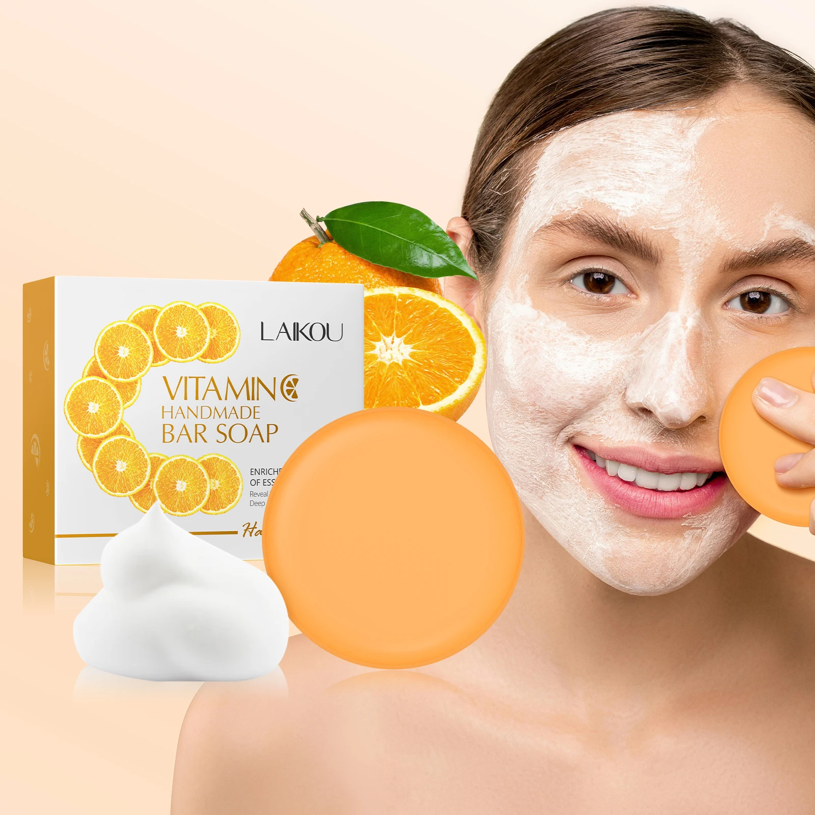 LAIKOU 90g Vitamin C Handmade Bar Soap Essential Oils Reveal Radiance Silky Smooth Skin Soap With Foaming Net