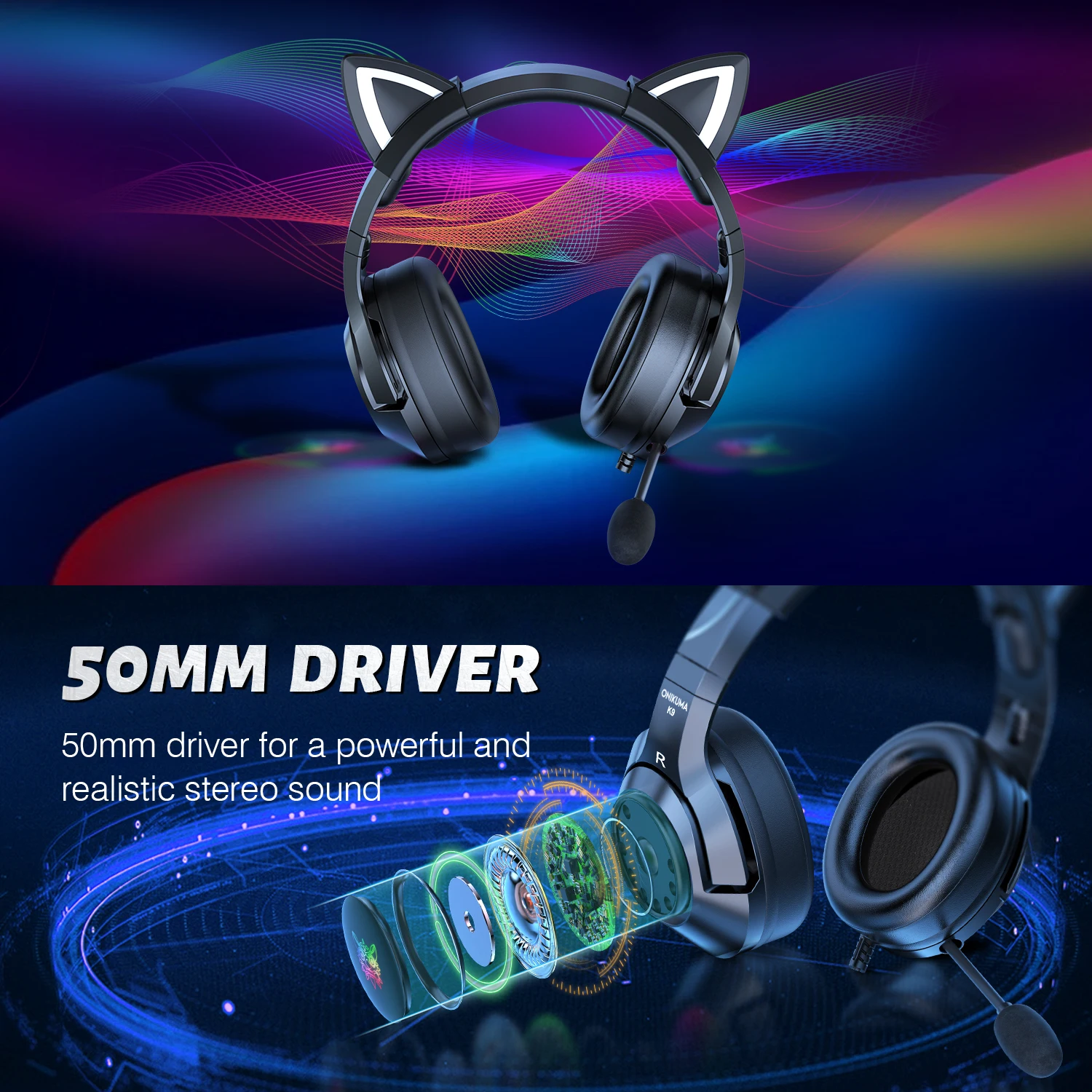 Noise Reduction Onikuma K9 Custom Pc Gamer Cat Ear Gaming Headset 7.1 With Mic