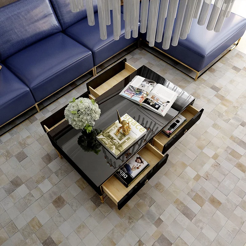 Piano paint glass coffee table light luxury style home furniture metal pieces wrought iron gold square modern sofa tea table