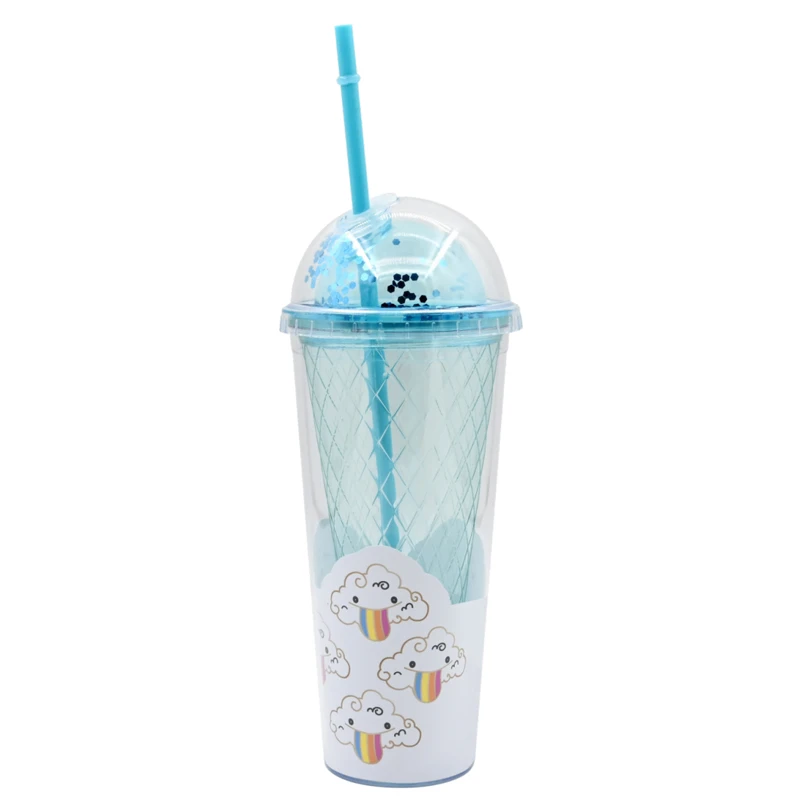 Customized Transparent Juice Mug Promotional 15oz Double Walled Plastic Ice Cream Tumbler Mug With Straw