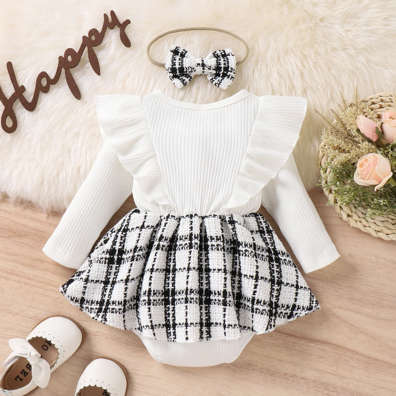 Newborn Baby Girls Clothes Spring Fall Bodysuit Ribbed Skirt Romper Floral Dress with Bow M3622