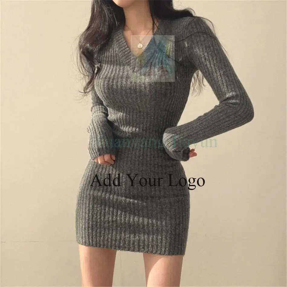 Autumn and Winter New Pure Desire Style Sexy Hot Girl V-neck Pit Strip Soft Slimming Knitted Long Sleeve Dress