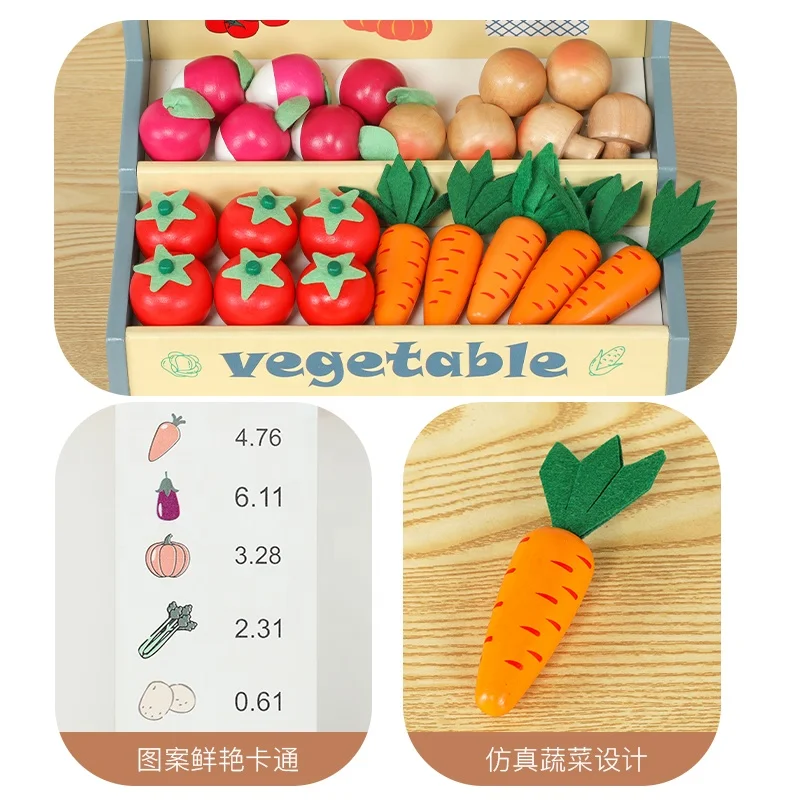 Funny Pretend Vegetable Stall Toy Vegetable Market Stand Toy Portable Vegetable Market Stand Wooden Grocery Stand Toy