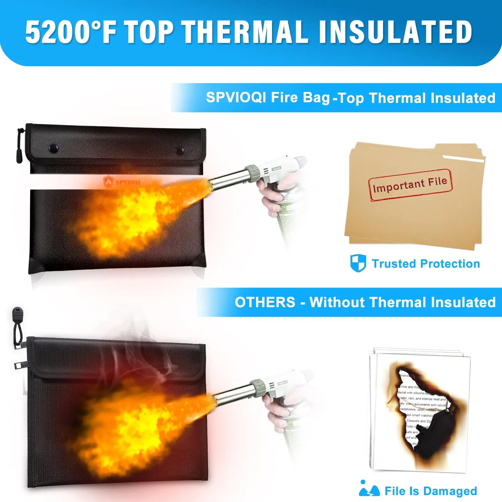 Upgraded 5200F Fireproof Document Bag Heat Insulated Reflective Strip for Fast Find Water Resistant Fireproof Money Bag